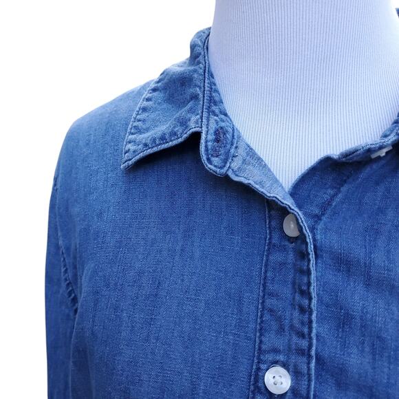 Draper James Blue Cotton Denim Chambray Button Down Top Roll Tab Sleeves Sz 12 - Picture 3 of 10
